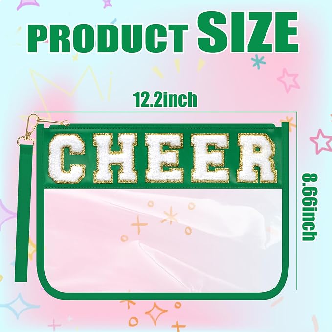 BuyCard Cheer Chenille Letter Bags Clear Makeup Bag, Cheerleader Gifts Cosmetic Bag, Varsity Preppy Patch Flat Pouch Cheer Accessories, Waterproof PVC Organizer Toiletry Bag for Women Girls Green