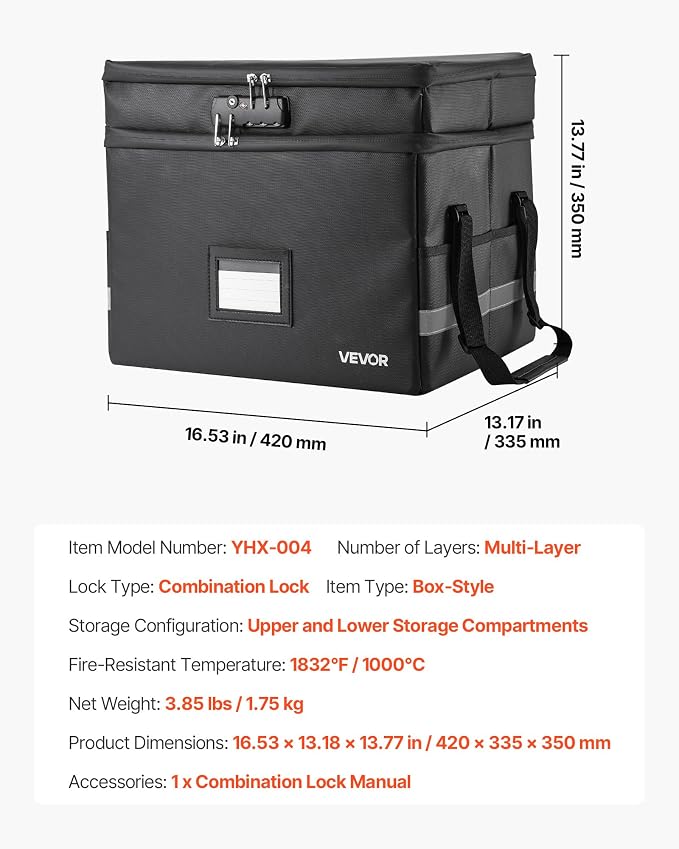 VEVOR Fireproof Document Box, 1832 ℉ Heat Insulated Fireproof & Waterproof Box with Lock, Portable Two-Layer File Storage Organizer Home Office Travel Use, for Passports, Important Documents, Files