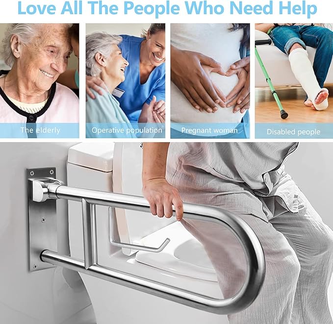 Toilet Grab Bar Stainless Steel Handicap Rails Grab Bars Bathroom Support for Elderly Disabled Safety Hand Railing Guard Frame Shower Assist Aid Handrails Hand Grips (23.6 Inches with Paper Holder)