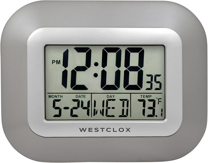 Westclox Large Digital Wall Clock with Date, Day & Temperature – Battery Operated Digital Clock with Alarm & Snooze, 12/24 Hour Display, Stylish Wall or Desk Clock for Home, Office & Bedroom (Gray)