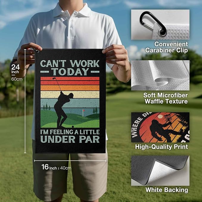 Funny Golf Towel with Clip,Golf Bag Accessories for Women,"Can't Work Today, Feeling Under Par"Golf for Mom Grandma Men,16x24inch Microfiber golf towels,Birthday Christmas Retirement Golfer Gifts