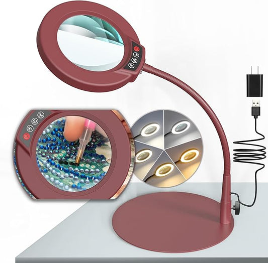 10X Magnifying Glass with Light and Stand, 5 Color Modes Stepless Dimmable LED Lighted Desk Lamp, Hands Free Flexible Gooseneck Magnifier with Light for Craft Hobby Painting Close Work - Red