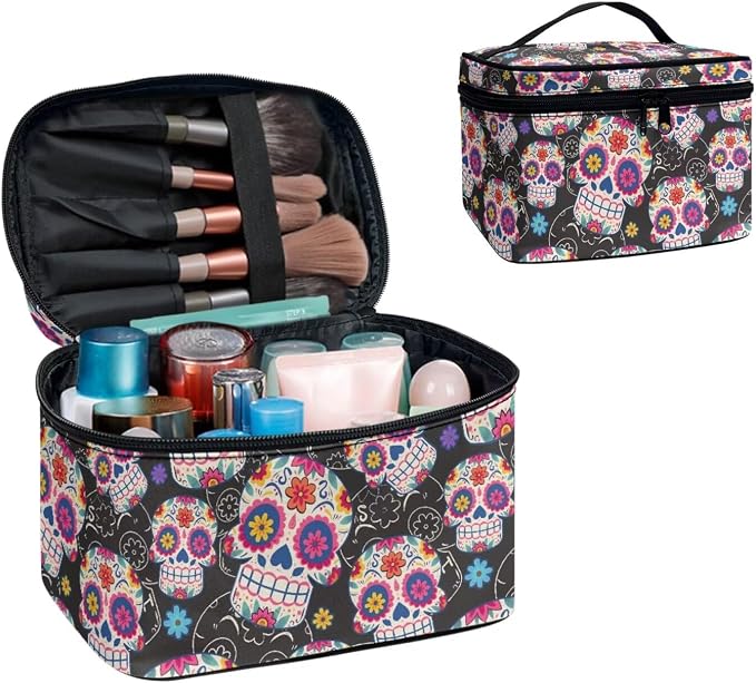 Mexican Sugar Skulls Makeup Bag for Traveling Mexico Style Women Toiletry Bag, Day Of The Dead Candy Skull Flowers Makeup Organizer Bag Large Cosmetic Accessories