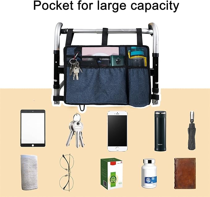 Caroo Walker Bag Basket with Cup Holder Suit for Adult Folding Walkers Rollator Organizer Carry Storage Pouch Water-Resistant Armrest Accessories for Seniors, Elderly, Handicap, Blue