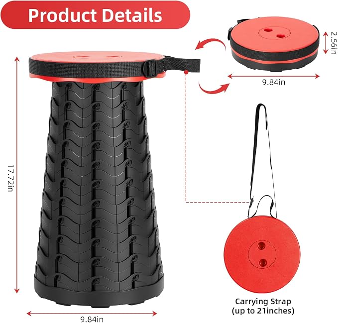 Qiguet Collapsible Folding Chair - Upgraded Portable Chair with 400lbs Load Capacity, Perfect for Camping, Fishing, Hiking - Folding Stool with Carrying Straps, Gift for Fisherman (Red)