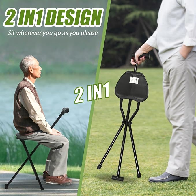 Walking Cane Chair, Walking Stick, Portable Folding Cane with Seat is 34 Inches Tall, Supports up to 240 Pounds, Anti-Slip Lightweight Walking Stick for Seniors