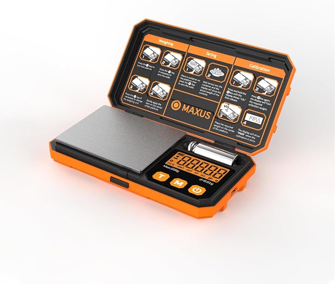 MAXUS Pocket Scale, 200g x 0.01g, with 50g Calibration Weight and USB Cable | Digital Gram Scale, 6 Units, Backlit LCD, Stainless Steel Platform, Rubber Edges, for Jewelry, Coins, Powders, Food or Gems