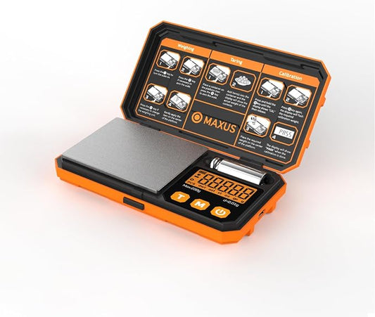 MAXUS Pocket Scale, 200g x 0.01g, with 50g Calibration Weight and USB Cable | Digital Gram Scale, 6 Units, Backlit LCD, Stainless Steel Platform, Rubber Edges, for Jewelry, Coins, Powders, Food or Gems