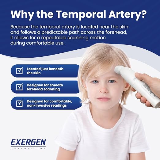 Exergen TAT-2000C Temporal Artery Forehead Thermometer for Baby Kids Adults | Displays Temperature Reading, Soft Glow, Silent Mode, Wipe Clean Sensor, 8 Reading Memory, 9V Battery Included for Family Use