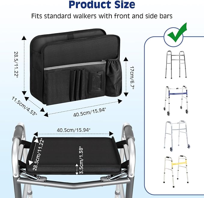 MoKo Walker Basket Bag with Tray, Upgraded Detachable Walker Tray for Folding Walkers with Non-Slip Mat, Large Storage Bag with Multi-Pockets and Cup Holder, Walkers Accessories for Senior, Black