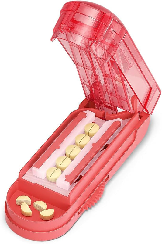 ONE PIX Multiple Pill Cutter Splitter for Small and Tiny Pills, Accurate 1/2 Tablet Splitter with Adjustable Bars & Hidden Blade, Safely Cuts Large Medication for Seniors & Pets, Red