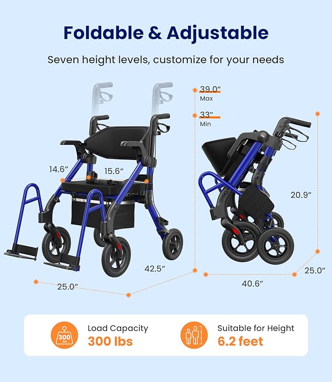 VOCIC Walkers for Seniors, Z55 2 in 1 Walker Wheelchair Combo, No-Bend Footrest, Rollator with 10" All Terrain Big Wheels, Transport Wheelchair Foldable, Rollator with Seat & Brakes, Storage Bag
