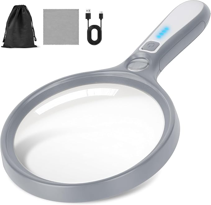 Large Magnifying Glass with Light: 5IN Lighted Handheld Illuminated Magnifier with 13 LED Lights 3 Modes, 1150mAh Rechargeable Magnifying Lens Gift for Seniors Reading Coins Close Work-Grey+White