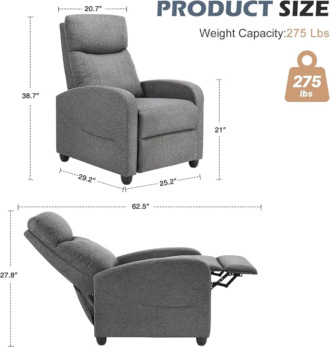 Sweetcrispy Massage Recliner Chair for Adults, Adjustable Home Theater Seating with Lumbar Support for Living Room, Modern Fabric Reclining for Small Space, Grey