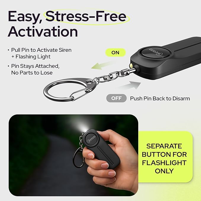 Personal Alarm Keychain for Women Self Defense - Loud Safety Whistle Alert Device with LED Light – 130 dB Emergency Security Handheld Siren Key Chain by WETEN, Black | 130dB Siren, LED Light, Panic Pin, Self-Defense Device, Emergency Whistle Alternative