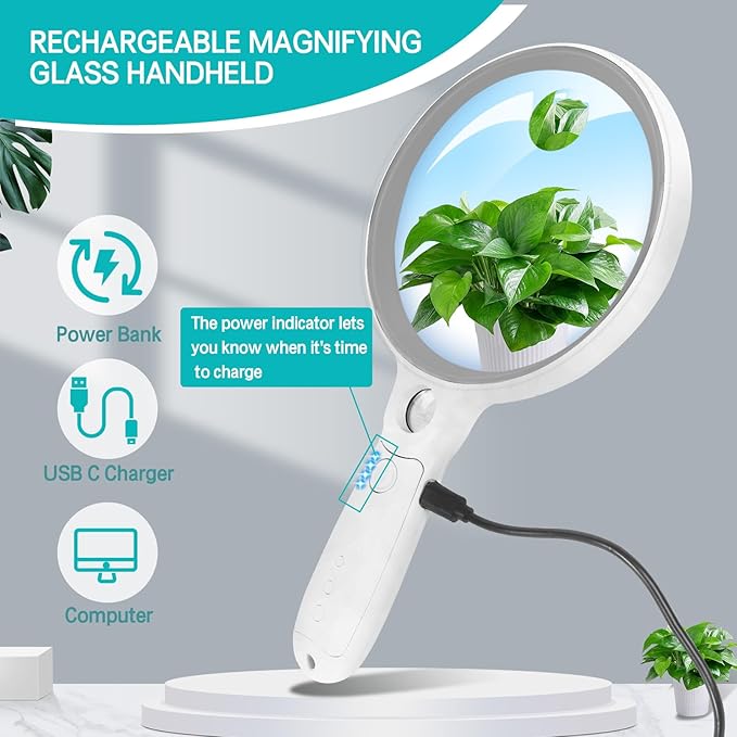 Large Magnifying Glass with 37 LED Light, 10X 20X 45X Handheld Illuminated Lighted Magnifier with 3 Light Modes Rechargeable Magnifying Glass for Seniors Reading, Inspection (Grey & White)