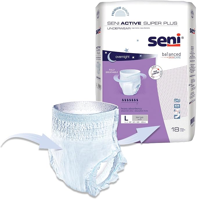 Seni Active Super Plus Unisex Adult Incontinence Underwear, Heavy Absorbency, Pull On Disposable Overnight Underwear for Men & Women (Large, 18, Count)