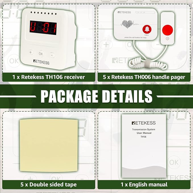 Retekess TH106 Wireless Caregiver Pager System for Home,Clinic,Nursing Home | Two power supply methods, 656ft, 28 optional ringtones, Memory function