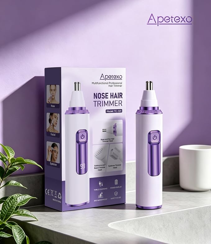 Nose Hair Trimmer for Women, 3-in-1 Painless & Gentle Trimmer for Nose, Eyebrows & Facial Hair, Type-C Rechargeable Precision Groomer with Double-Edged Blades, IPX7 Waterproof - Purple