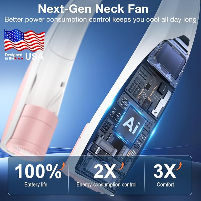 Portable Neck Fan, 6 Speeds Rechargeable Personal Fan with AI Chips, Hands-Free 360° Faster Cooling Wearable Fan, Ultra Quiet for Home, Office, Travel, Indoor, Outdoor - Pink