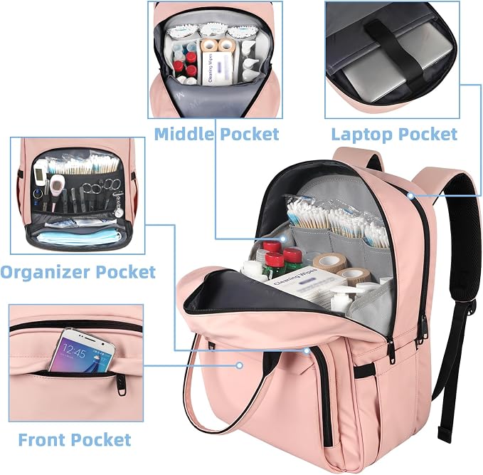 MATEIN Nursing Backpack, Home Health Nurse Bag with Removable Organizer | Womens Medical Backpack fit 15.6 Inch Laptop, Waterproof Clinical Doctor Work Bag for College, Pink Nursing Essentials
