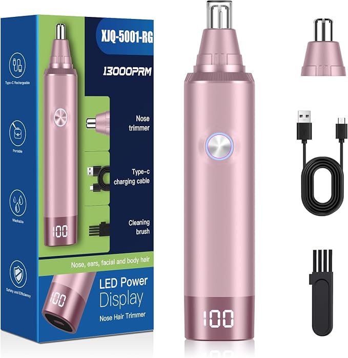 Ear and Nose Hair Trimmer for Men and Women, Painless USB Rechargeable Electric Facial & Eyebrow Hair Remover with LED Display, Dual-Edge Blades for Smooth,13000 RPM Motor IPX7 Waterproof (Rose Gold)