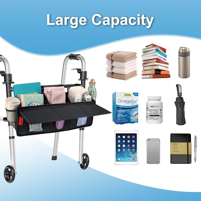Extra Large Bariatric Walker Basket for 21"-26" Width Folding Walker/Rollator, Extra Wide Walker Storage Baskets with Cup Holder, Lid & Multiple Pocket, Easy to Use Walker Tote Bag for Seniors, Black.