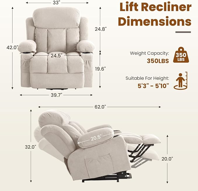 Electric Power Lift Recliner Chair Sofa with Massage and Heat for Elderly,Lift Chair with Cup Holder & Side Pockets for Living Room