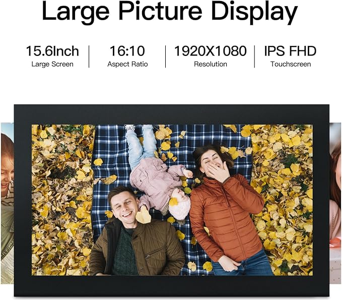 Glusine 15.6Inch Touch Screen Large Digital Picture Frame,1920 * 1080 FHD WiFi Digital Photo Frame with 32GB Storage, Wall Mountable, Auto-Rotate Send Photos and Videos Through The Application