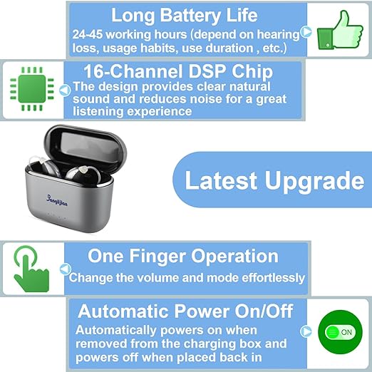 Banglijian Small Rechargeable BTE Hearing Aids for Moderate to Moderate-Severe Hearing Loss Seniors, 16-Channel Noise Reduction, Large Capacity Charging Box, Home & Travel Use (Gray-Black)