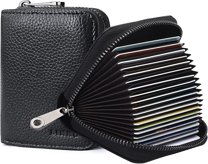 Linno RFID 20 Slots Credit Card Holder Genuine Leather Small Wallet for Women or Men with Zipper