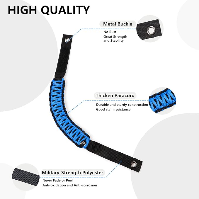 sukemichi Roll Bar Grab Handles for 2021-2026 Ford Bronco 2/4 Door, Blue | Paracord handles grab,Fits Bronco 2021-2026 hard & soft top,Off-road safety grip handle,Work with airbag,Not for Sport,4 Pack