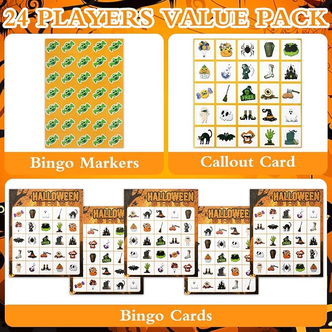 Halloween Bingo Game Cards, 24 Players Halloween Bingo Cards for Halloweens Party Games Gifts Classroom School Family Group Activities Crafts Accessories, Halloweens Indoor Bingos Game