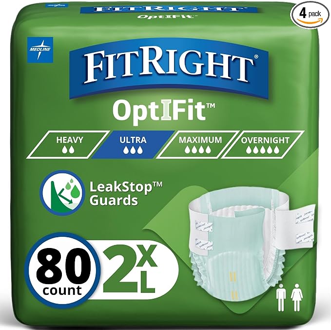 FitRight Ultra Adult Diapers, Disposable Incontinence Briefs with Tabs, Heavy Absorbency, XX-Large, 60"-69", 4 packs of 20 (80 total)