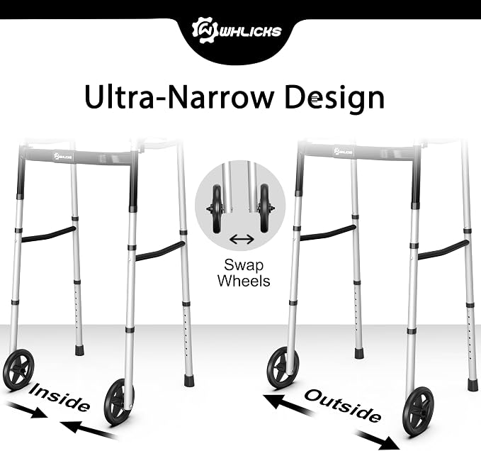 Whlicks Narrow Folding Walkers for Seniors,Aluminum Lightweight Walkers with Wheels, Adjustable Width and Height Front Wheel Walker for Elderly and Disabled, Supports up to 350 lbs