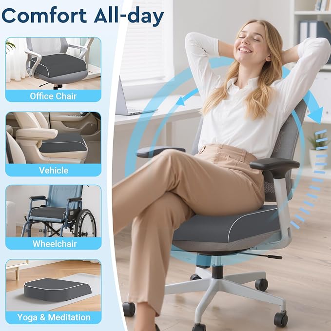 Seat Cushion, Memory Foam Office Chair Cushion, Gray, Large | Office Desk Accessories, Butt Pillow for Long Sitting Sciatica, Coccyx, Tailbone, Hip Pain Relief - for Home, Car, Airplane