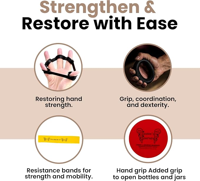 Hand Therapy Kit for Stroke and Aneurysm Recovery, OT/PT Rehab Tools for Dexterity, Fine Motor Skills and Hand Coordination, Home Therapy Set for Survivors and Caregivers, by JoAnn’s Journey