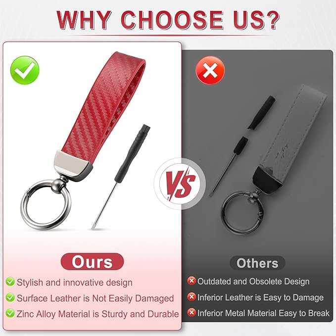 JUSTTOP Leather Keychain, Carbon Fiber Car Key Chain with Anti-Lost D-Ring and 2 Key Ring, Keychain Wristlet, Car Accessories, Universal Keychain for Men and Women (Red)