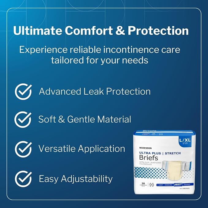 McKesson Ultra Plus Stretch Briefs, [20 Count], L/XL, 48-66 in. Incontinence Adult Diapers, Heavy Absorbency, Unisex, Disposable, Elastic Leg Gathers and Contoured Fit for Men and Women