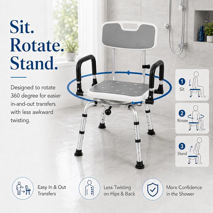 Deluxe Swivel Shower Chair with Arms & Back by CZMY, 360° Locking Seat, 5-Level Height Adjustable, Padded Heavy-Duty Bath Chair, 300 lbs, for Seniors, Elderly, & Disabled (Grey with Flip-Up Arms)