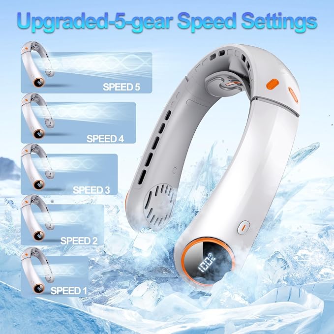 Portable Neck Fan, 5000mAh Bladeless Fan with 3 Built-in Fans, Instant Cooling 360° Surround Airflow & LED Display, Wearable Personal Fan for Outdoor, Travel, Gifts for Women Men (Grey)