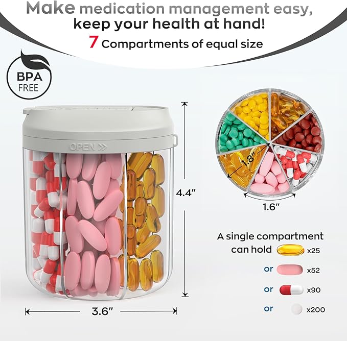 Pill Dispenser with 7 Large Compartments, 4.4" H x 3.6" Dia Pill Organizer for Travel, Supplement Organizer with Anti-Mixing Design, BPA-Free Pill Container with 20 Pcs Labels, Grey