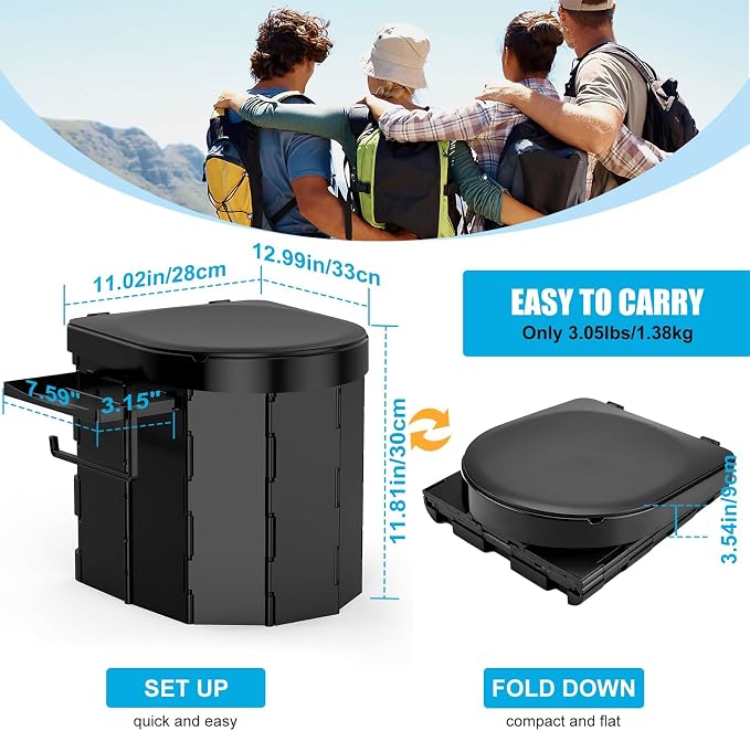 Portable Toilet,Camping Toilet,Portable Toilet for Adults | Foldable Toilet with Toilet Bags & Poo Gel,Phone Shelf and Paper Holder,for Camping,Outdoor, Hiking,Truck, RV, Beach