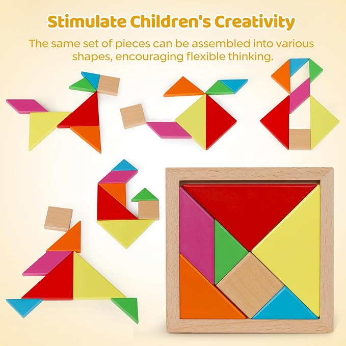 5 Pack Wooden Brain Teaser Puzzles Sets for Kids,Montessori Brain Blocks Logic Tangram Geometric Shapes Puzzle Matching Games Easter Basket Stuffers Gifts for All Ages Boys Girls
