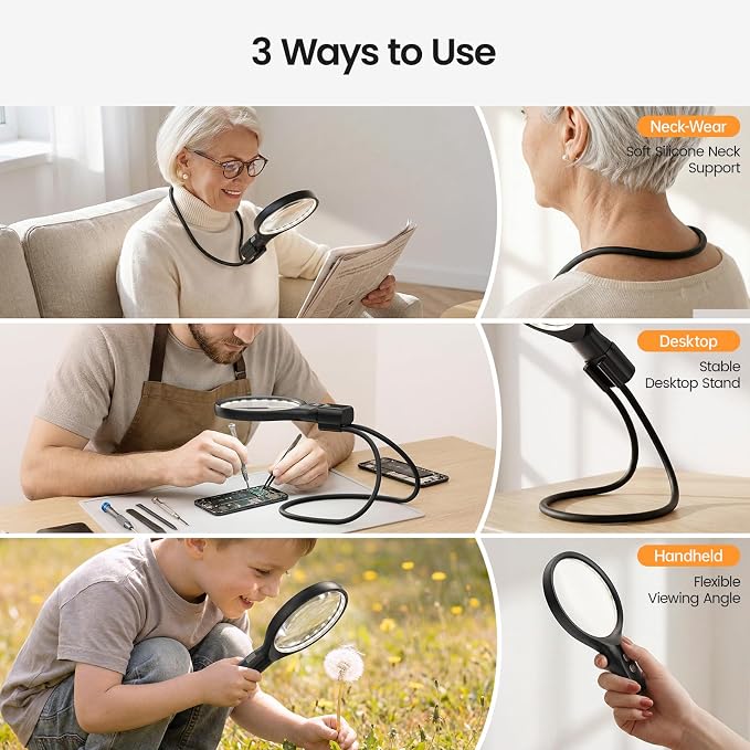 Magnifying Glass for Reading with 48 LED Lights 3 Color Modes, Neck Magnifier Hands Free, 5X/10X Magnifiers for Seniors for Close Work Repairing Reading Sewing (Black)