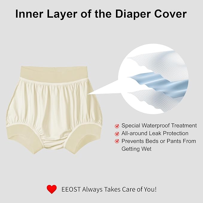 Adult Cloth Diaper Cover Waterproof Plastic Pants Rubber Underwear for Incontinence Leak Proof Washable (Beige2XL)