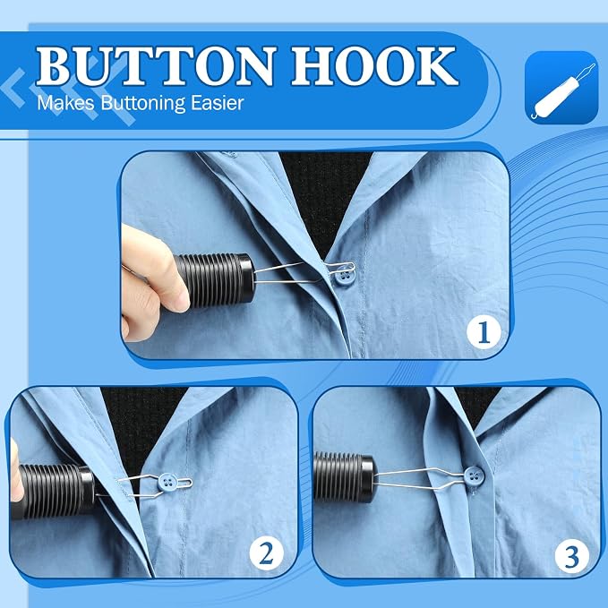 NINEMAX Button Hook Assist Tool with Zipper Pull for Seniors, One Hand Button Fastener Puller Helper for Shirt Wedding Dress, Dressing Aid for Elderly, Arthritis, Parkinson's (2 Pack)