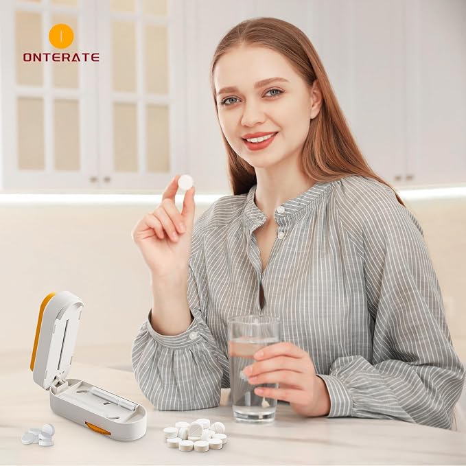 ONTERATE Pill Cutter Splitter for Small & Large Pills, Adjustable Pill Splitter with Safety Guard Hidden Sharp Stainless Steel Blade, Portable Tablets Cutter Cutting Tablets in Half at a Time (Grey)