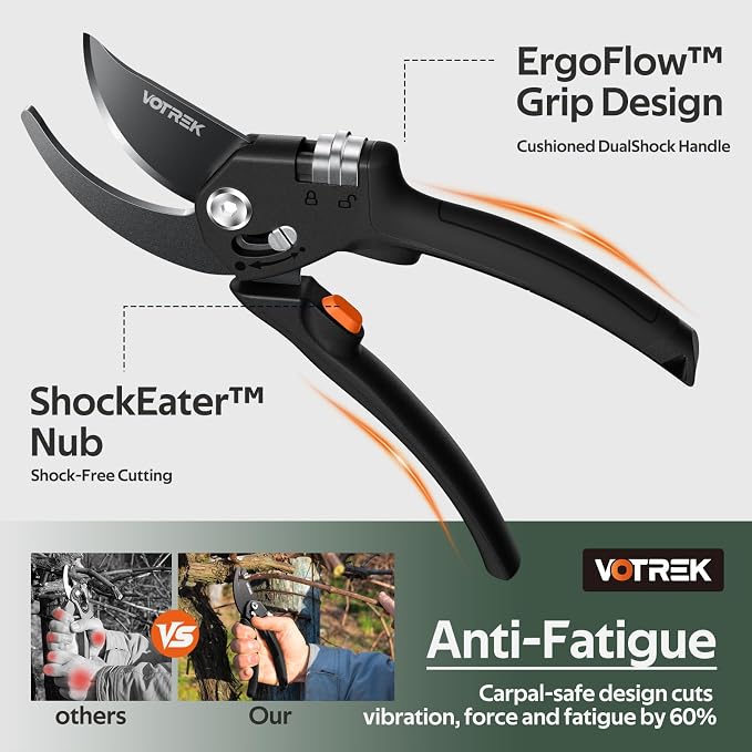 VOTREK® Pruning Shears, Patented Stepless Handle Opening for Any Hands