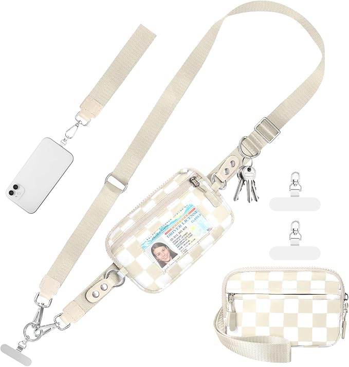Tiostep Clip and Go Strap for Phone with Wallet Crossbody Phone Lanyard Adjustable and Detachable RFID Wristlet Wallet (Beige Yellow Checkered, Large)